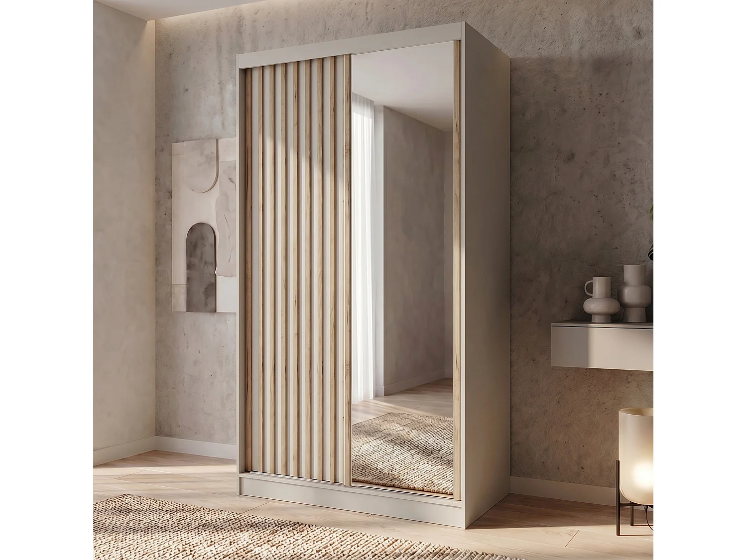 ARMOIRE DONATELLO 120 cm Cachemire/Artisan - ARMOIRE Avec Miroir Et Portes Coulissantes
