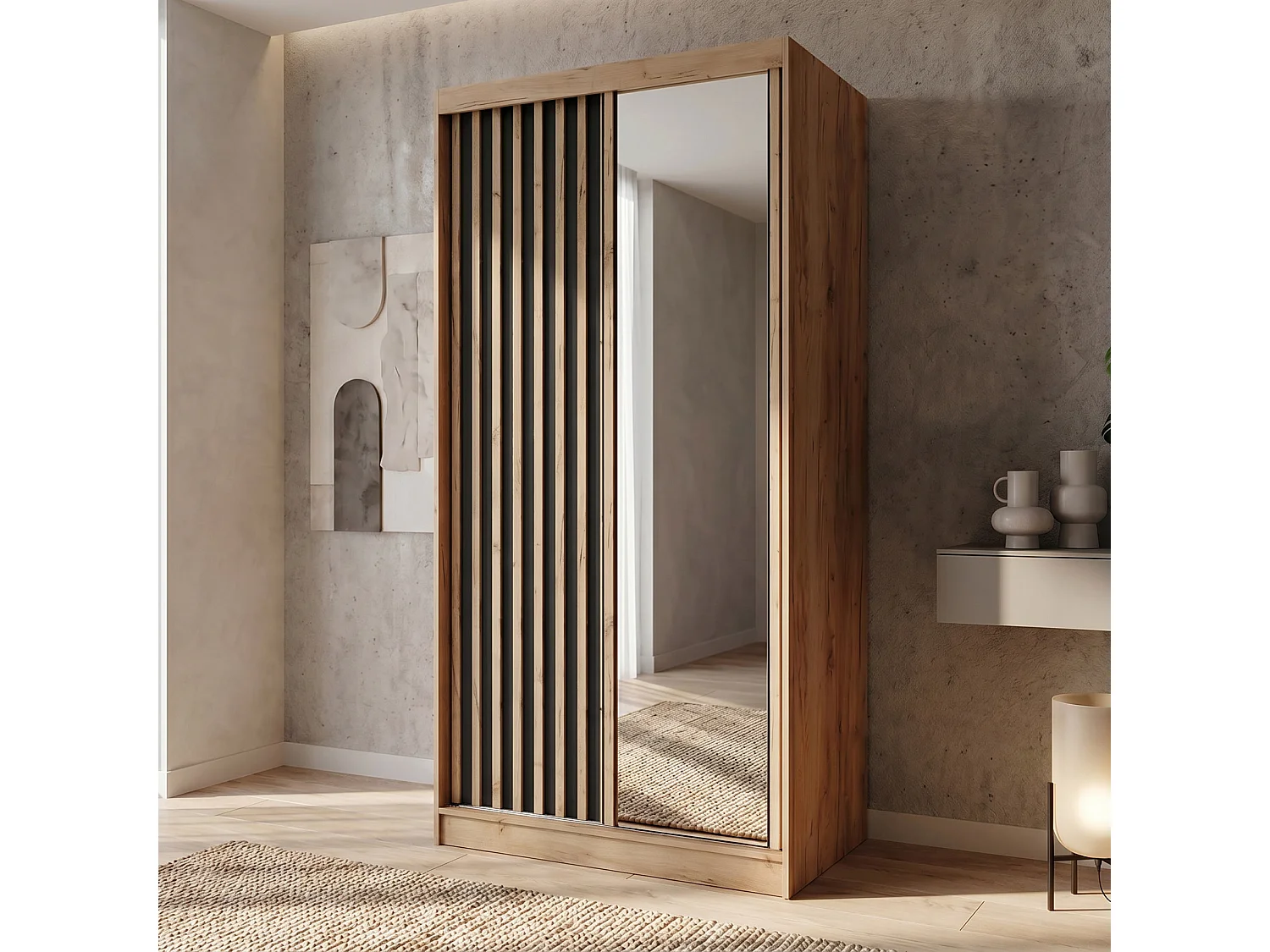 ARMOIRE DONATELLO 100 cm Artisan/Noir Avec Miroir, Portes Coulissantes Et Module 2 Tiroirs