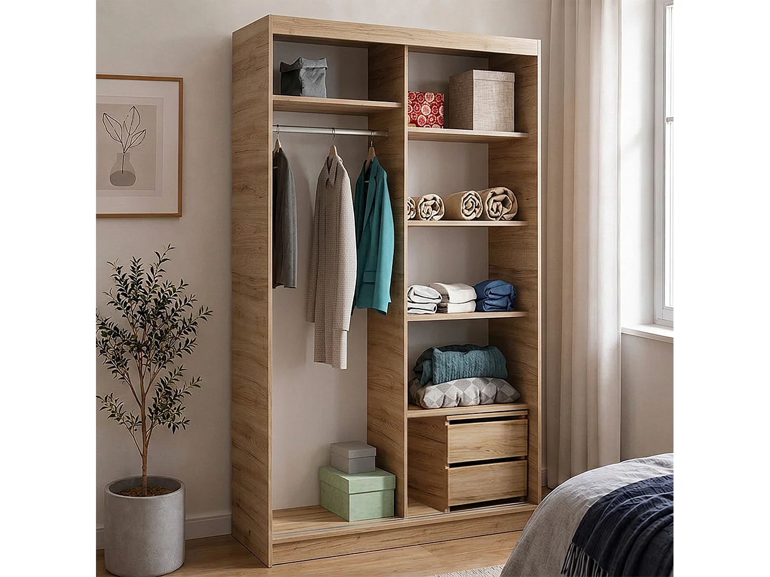 ARMOIRE DONATELLO 100 cm Artisan/Noir Avec Miroir, Portes Coulissantes Et Module à 2 Tiroirs