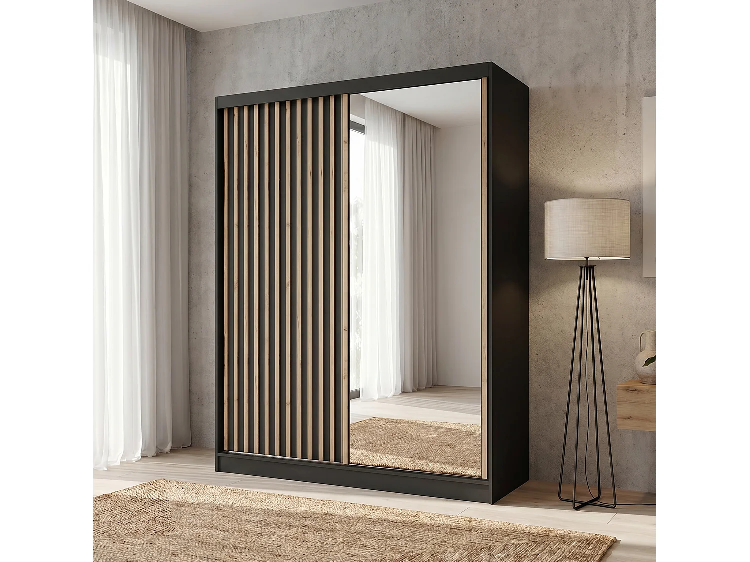ARMOIRE DONATELLO 160 cm Noir/Artisan - ARMOIRE Avec Miroir Et Portes Coulissantes