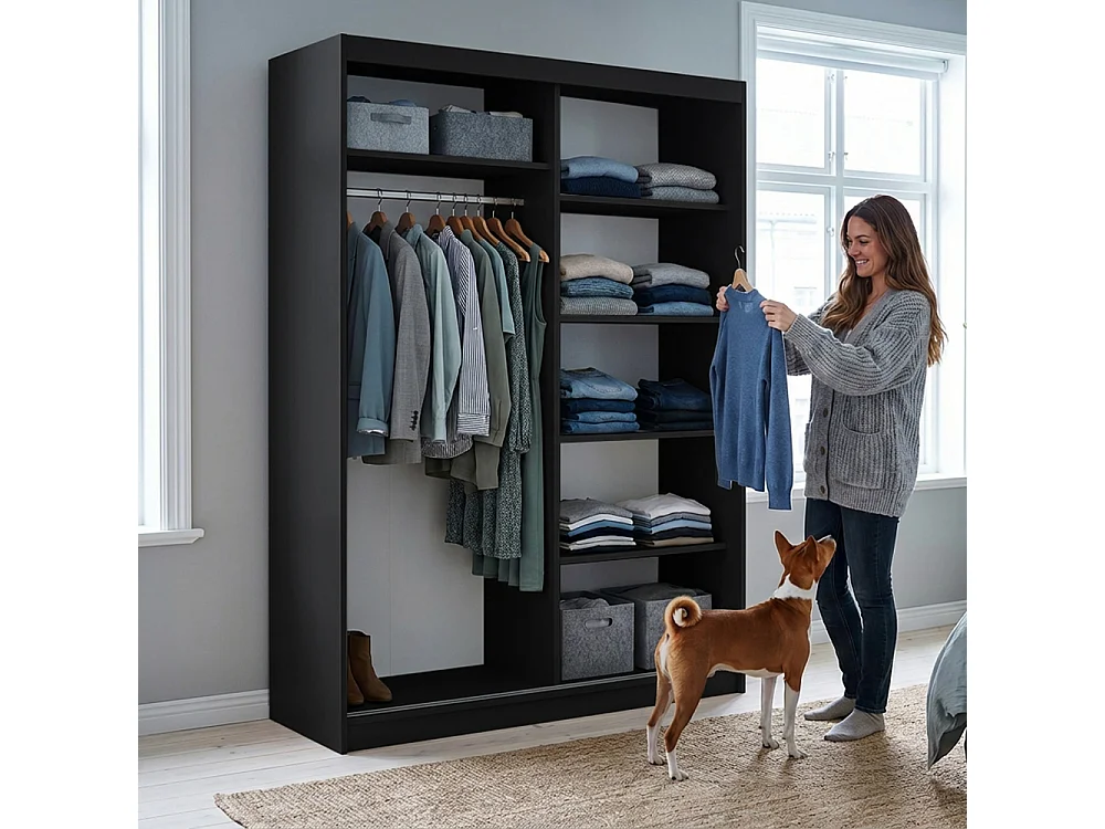 ARMOIRE DONATELLO 160 cm Noir/Artisan - ARMOIRE Avec Miroir Et Portes Coulissantes