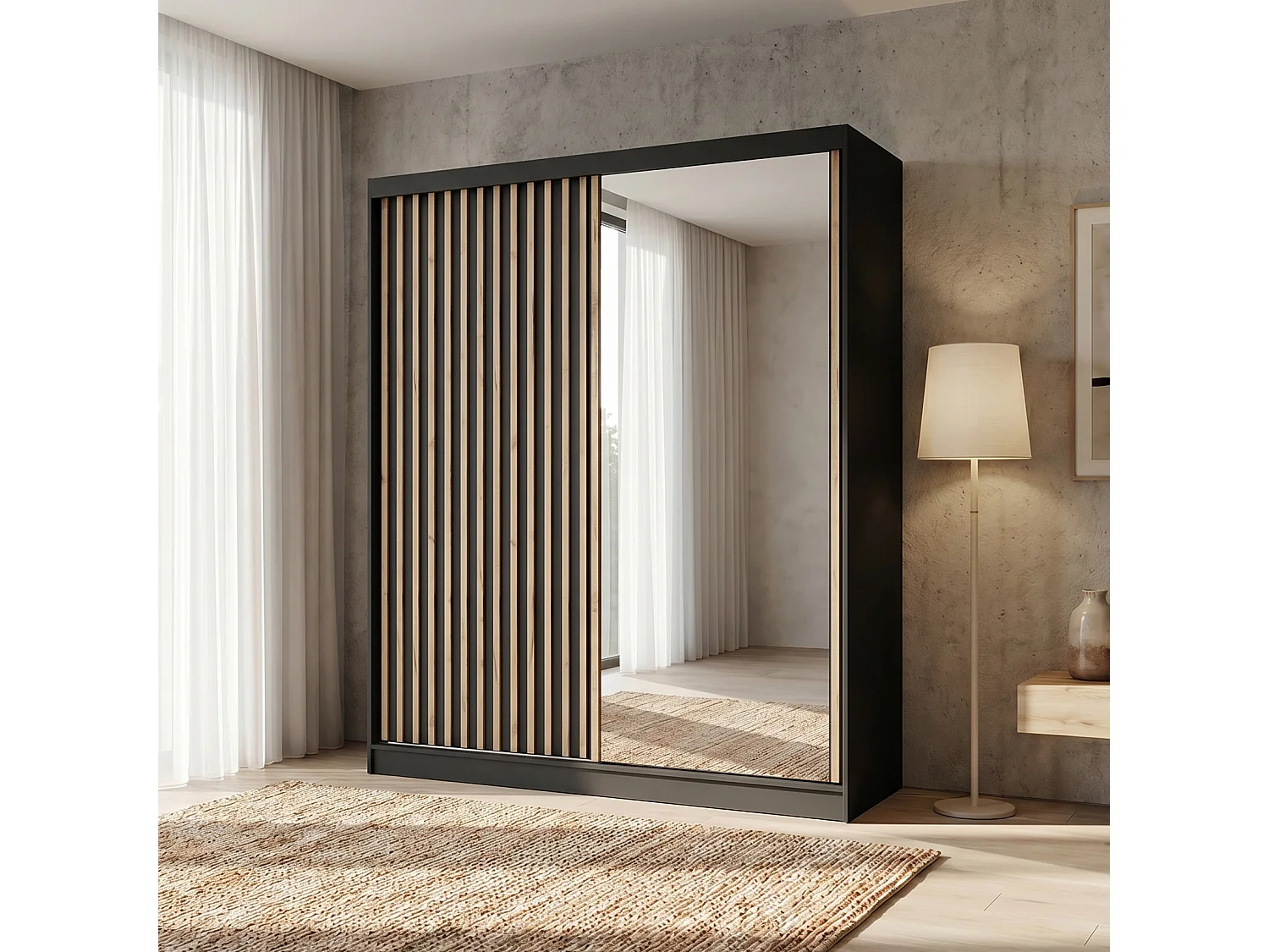 ARMOIRE DONATELLO 180 cm Noir/Artisan Avec Miroir, Portes Coulissantes Et 2 Modules 2 Tiroirs
