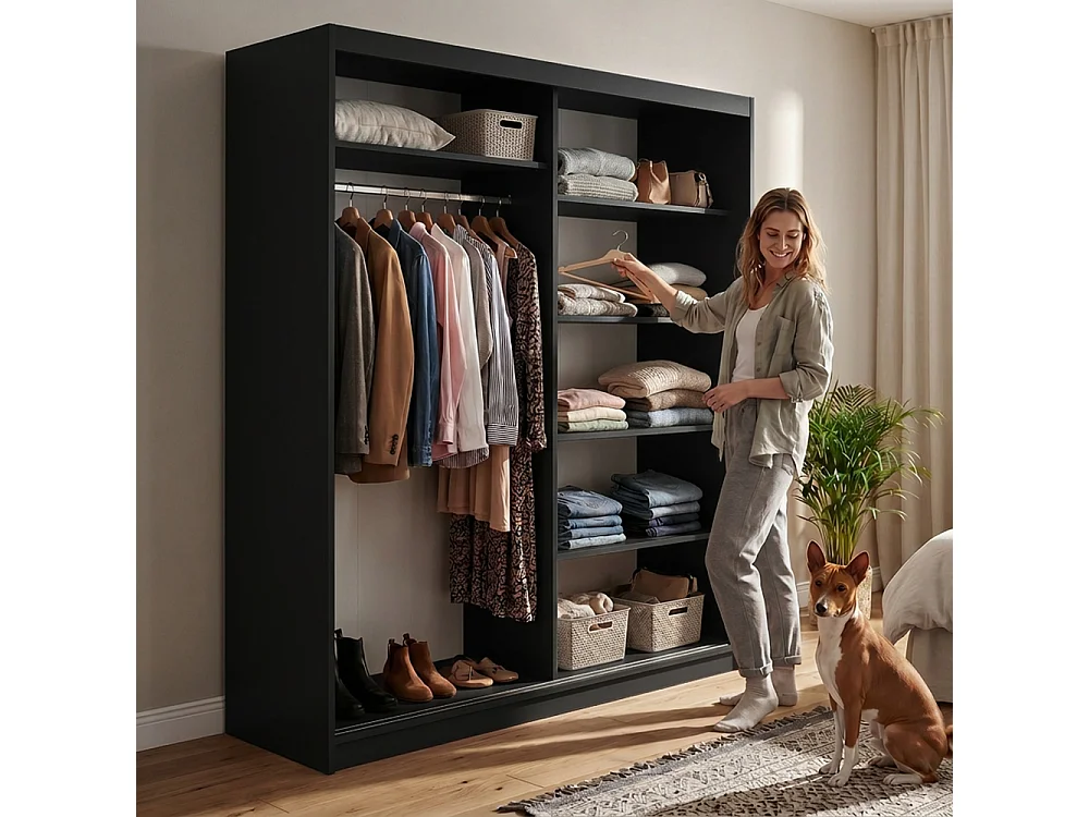 ARMOIRE DONATELLO 180 cm Noir/Artisan Avec Miroir, Portes Coulissantes Et 2 Modules 2 Tiroirs