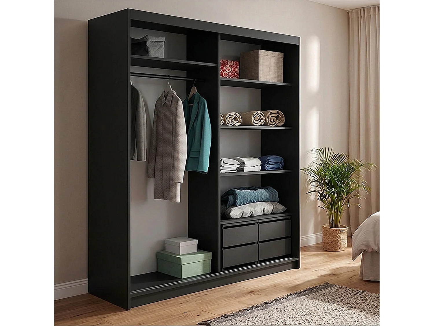 ARMOIRE DONATELLO 180 cm Noir/Artisan Avec Miroir, Portes Coulissantes Et 2 Modules à 2 Tiroirs