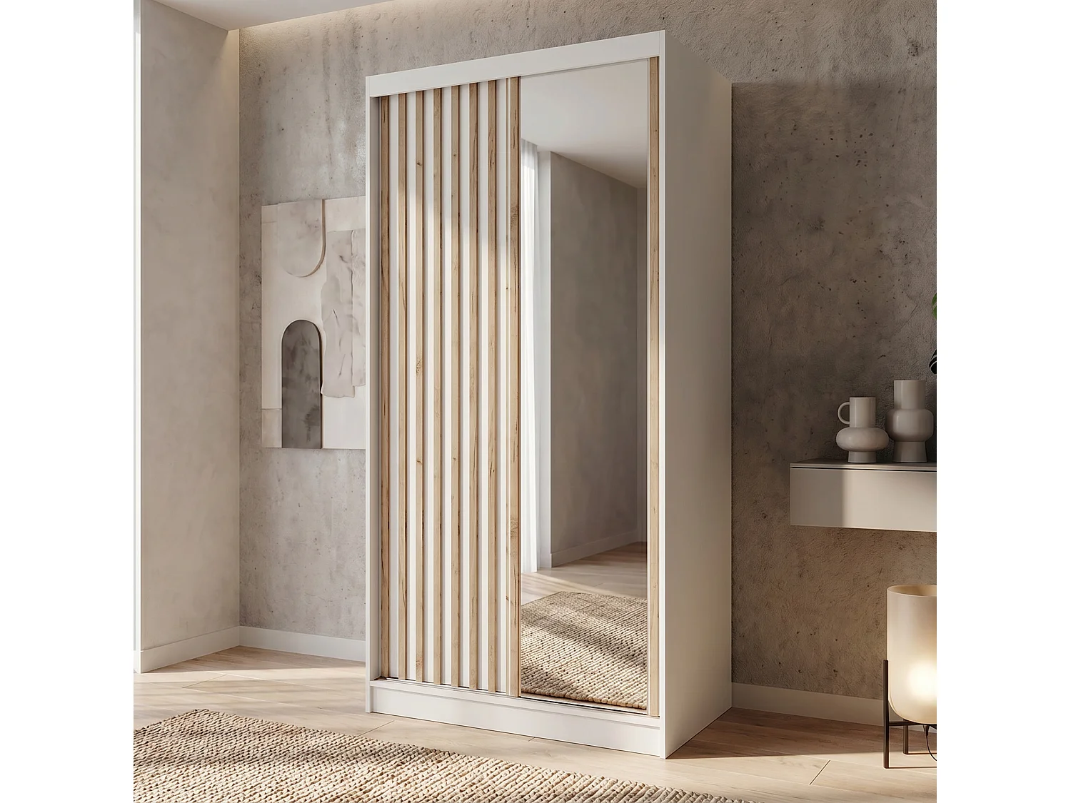ARMOIRE DONATELLO 100 cm Blanc/Artisan Avec Miroir, Portes Coulissantes Et Module 2 Tiroirs