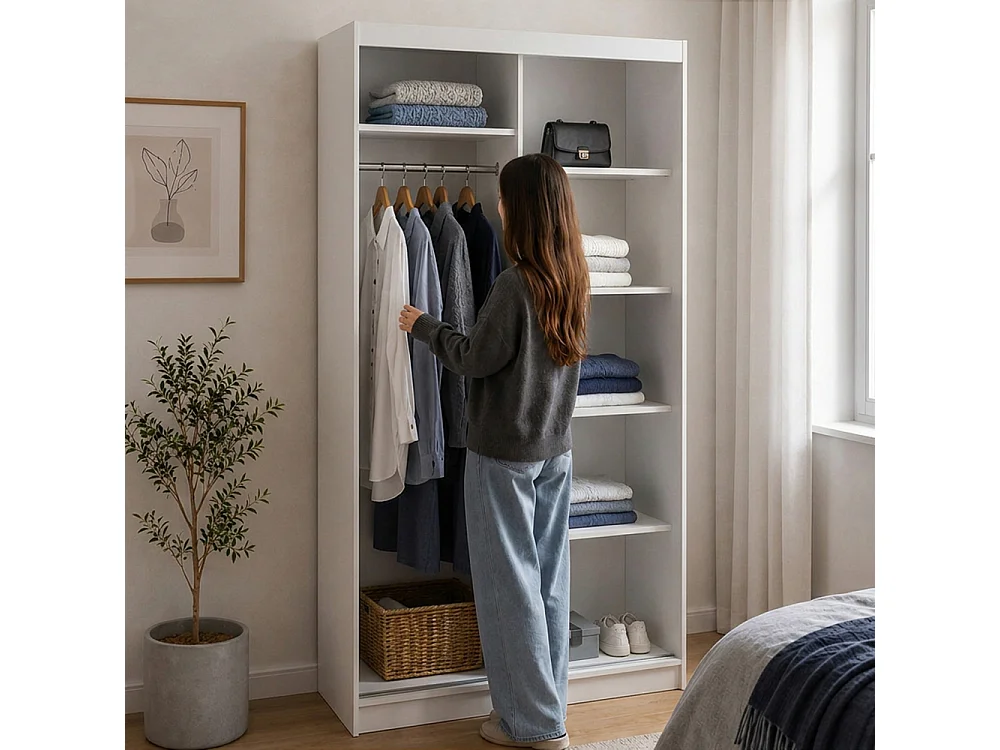 ARMOIRE DONATELLO 100 cm Blanc/Artisan Avec Miroir, Portes Coulissantes Et Module 2 Tiroirs