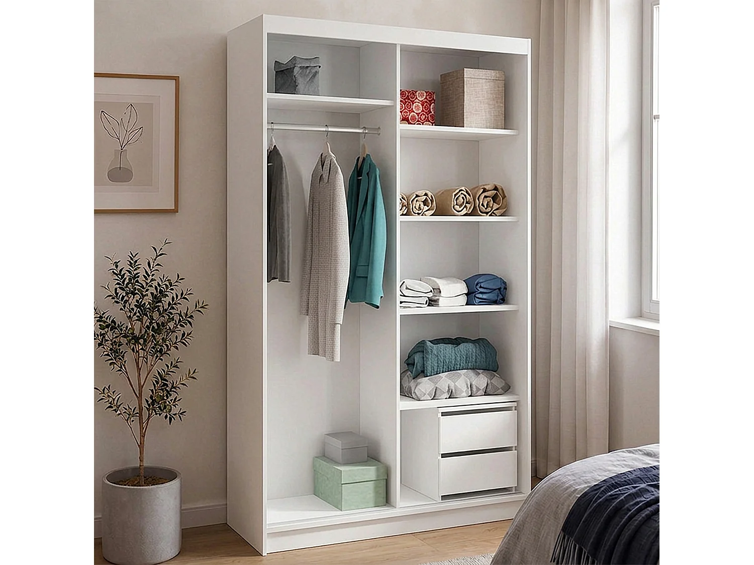 ARMOIRE DONATELLO 100 cm Blanc/Artisan Avec Miroir, Portes Coulissantes Et Module à 2 Tiroirs