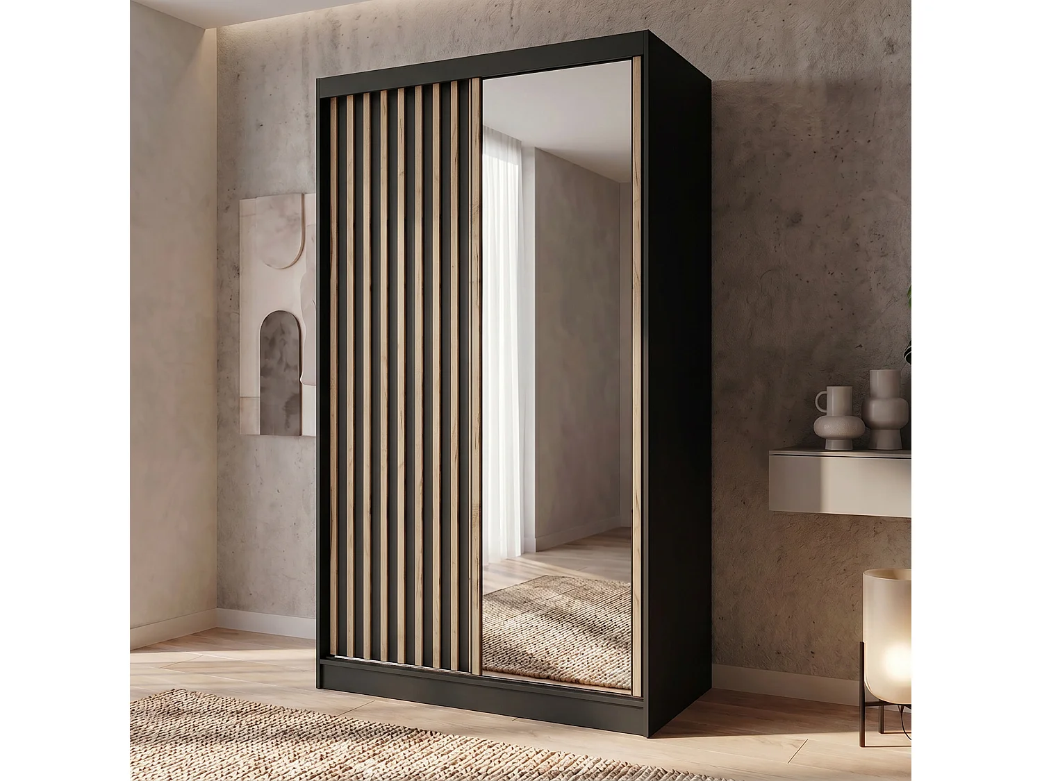 ARMOIRE DONATELLO 120 cm Noir/Artisan Avec Miroir, Portes Coulissantes Et Module 2 Tiroirs