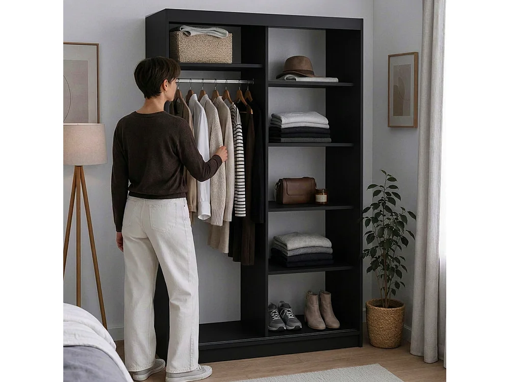 ARMOIRE DONATELLO 120 cm Noir/Artisan Avec Miroir, Portes Coulissantes Et Module 2 Tiroirs