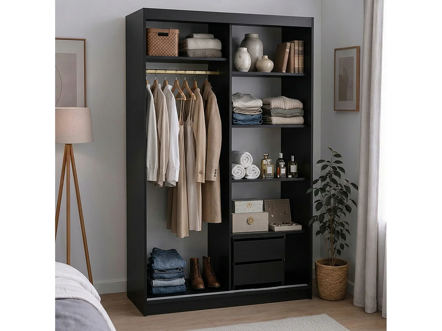 ARMOIRE DONATELLO 120 cm Noir/Artisan Avec Miroir, Portes Coulissantes Et Module à 2 Tiroirs