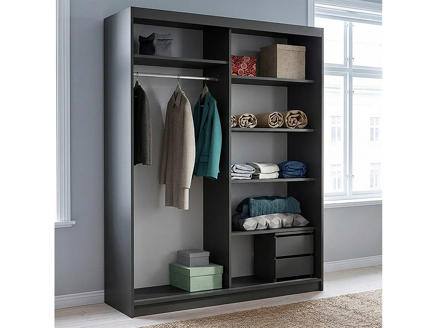 ARMOIRE DONATELLO 160 cm Noir/Artisan Avec Miroir, Portes Coulissantes Et Module à 2 Tiroirs