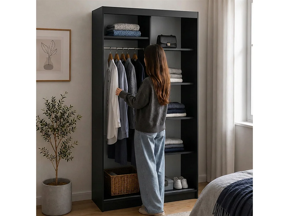 ARMOIRE DONATELLO 100 cm Noir/Artisan - ARMOIRE Avec Miroir Et Portes Coulissantes