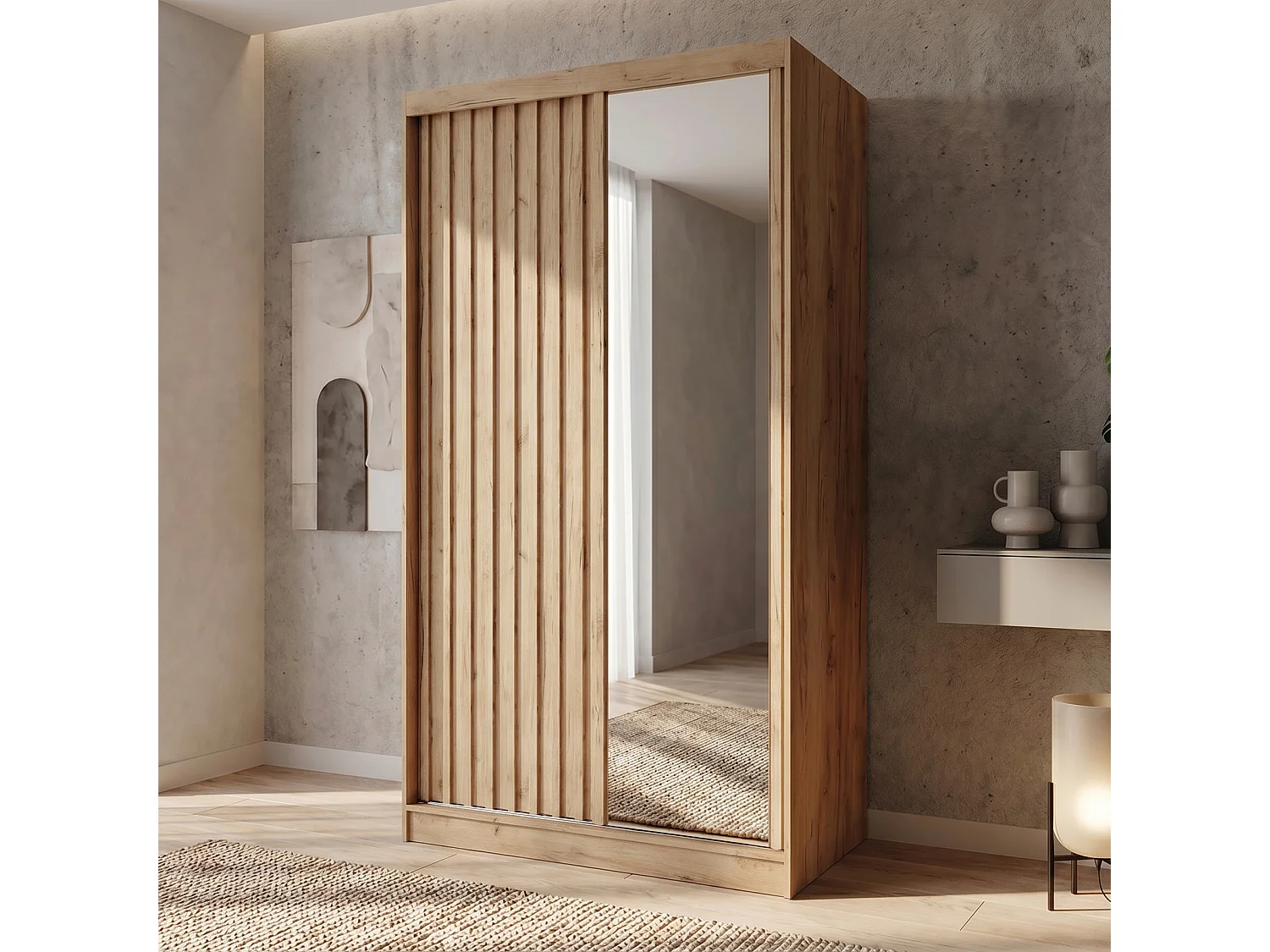 ARMOIRE DONATELLO 120 cm Artisan/Artisan Avec Miroir, Portes Coulissantes Et Module 2 Tiroirs