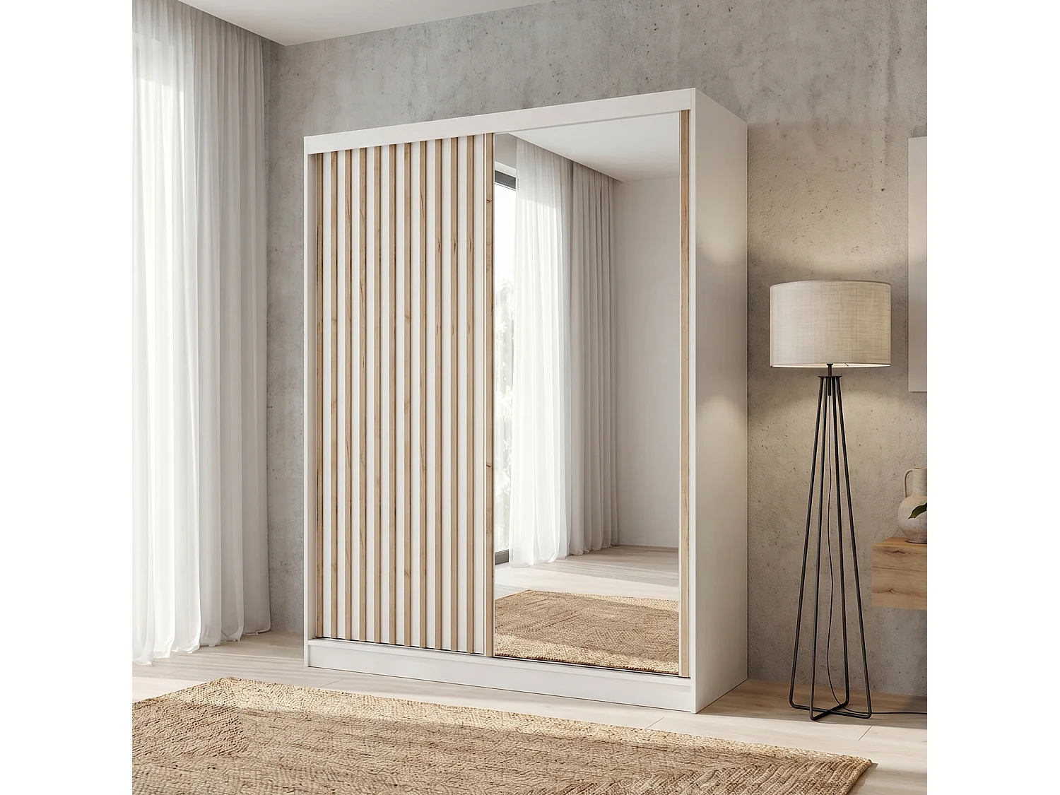 ARMOIRE DONATELLO 160 cm Blanc/Artisan - ARMOIRE Avec Miroir Et Portes Coulissantes