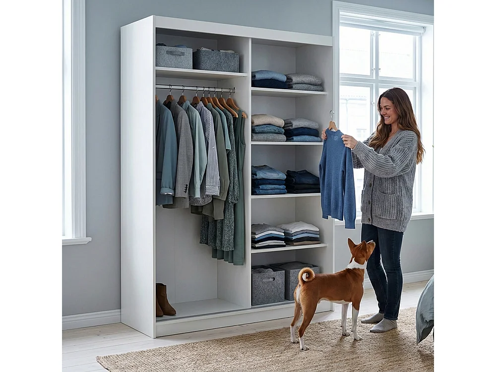 ARMOIRE DONATELLO 160 cm Blanc/Artisan - ARMOIRE Avec Miroir Et Portes Coulissantes