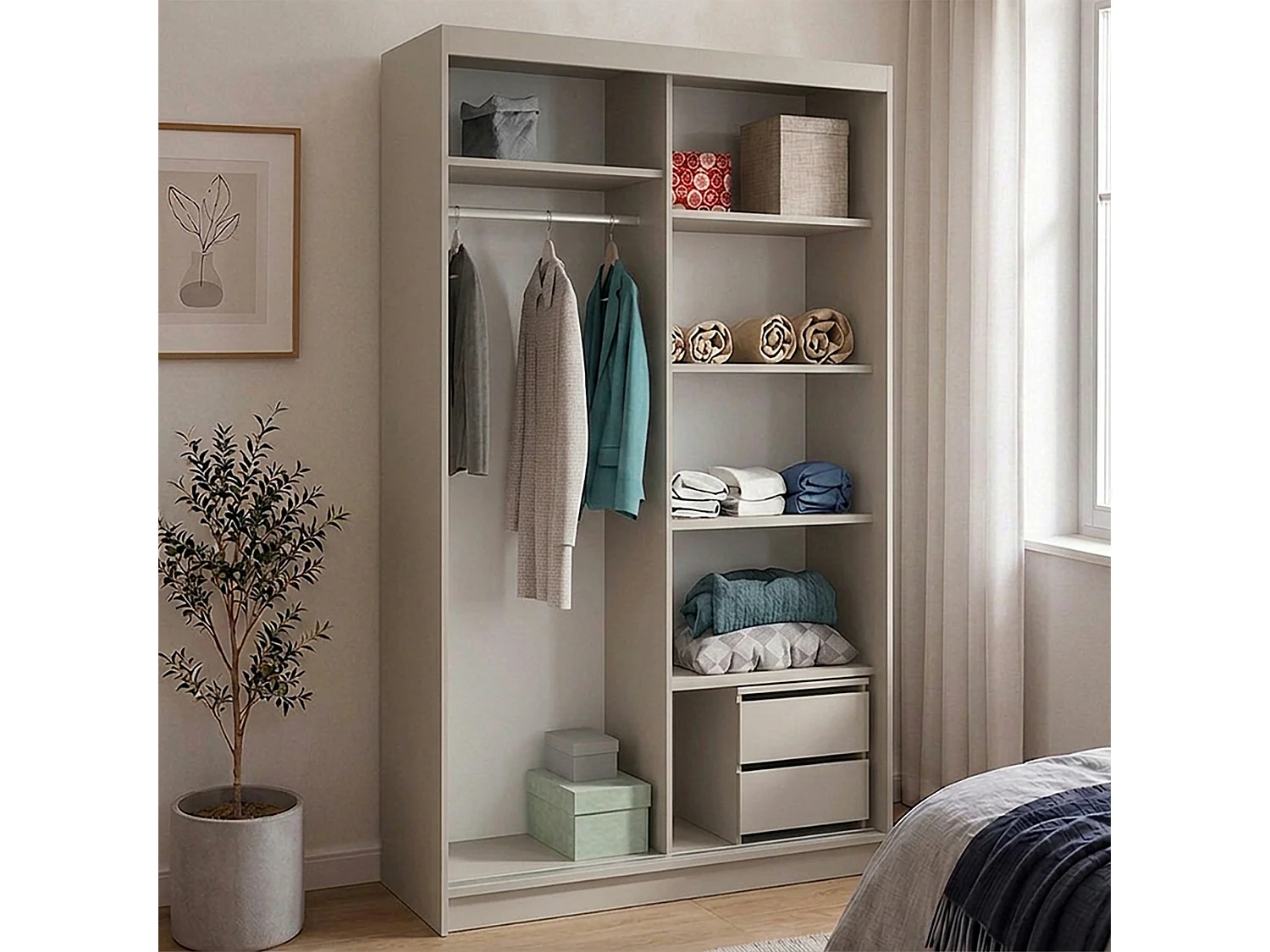 ARMOIRE DONATELLO 100 cm Cachemire/Artisan Avec Miroir, Portes Coulissantes Et Module à 2 Tiroirs