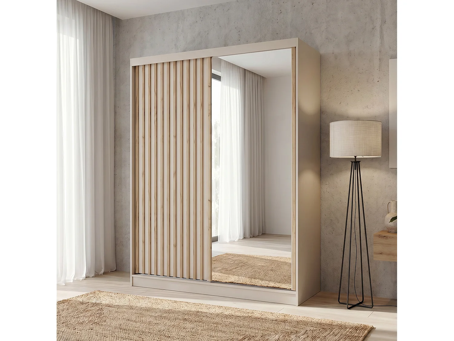 ARMOIRE DONATELLO 160 cm Cachemire/Artisan Avec Miroir, Portes Coulissantes Et Module 2 Tiroirs