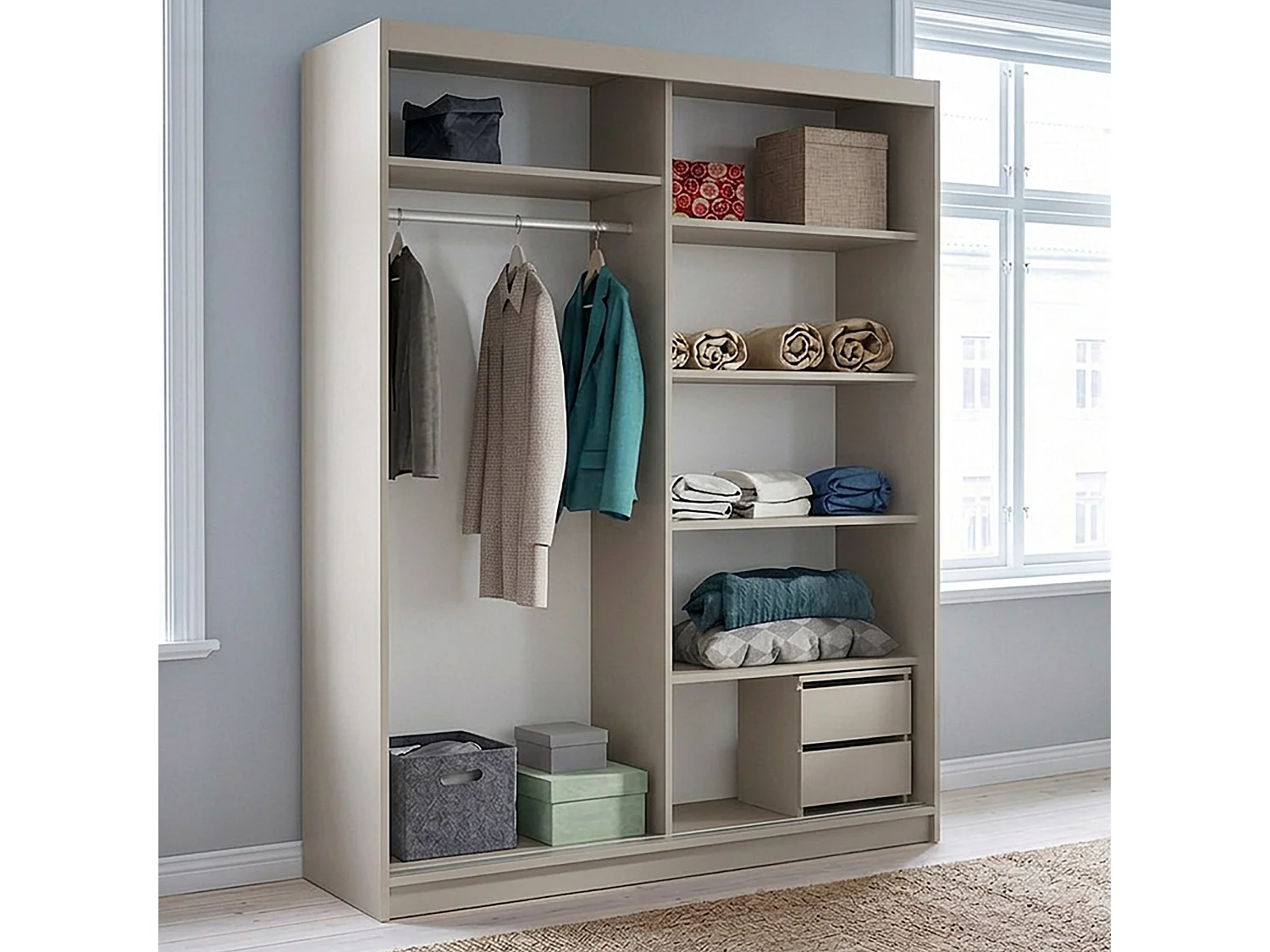 ARMOIRE DONATELLO 160 cm Cachemire/Artisan Avec Miroir, Portes Coulissantes Et Module à 2 Tiroirs
