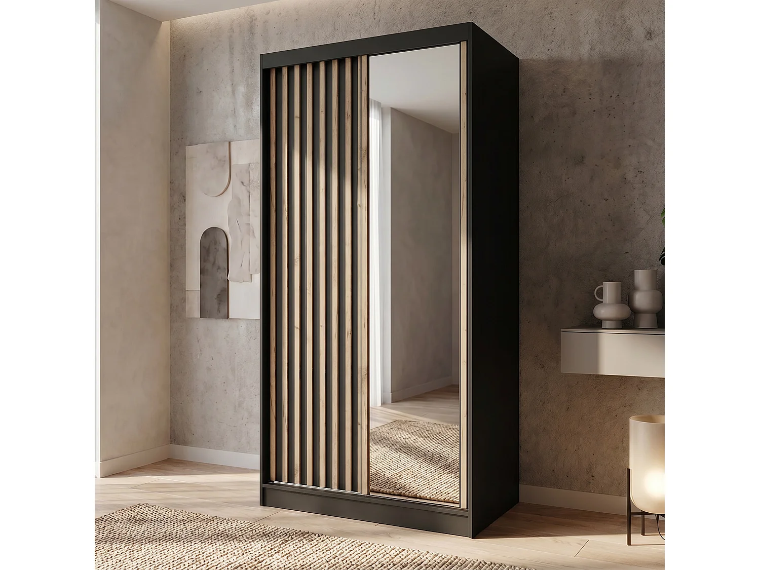 ARMOIRE DONATELLO 100 cm Noir/Artisan Avec Miroir, Portes Coulissantes Et Module 2 Tiroirs