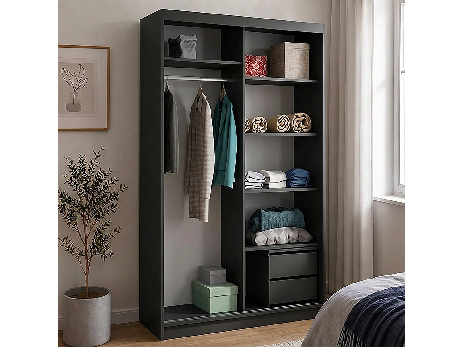 ARMOIRE DONATELLO 100 cm Noir/Artisan Avec Miroir, Portes Coulissantes Et Module à 2 Tiroirs