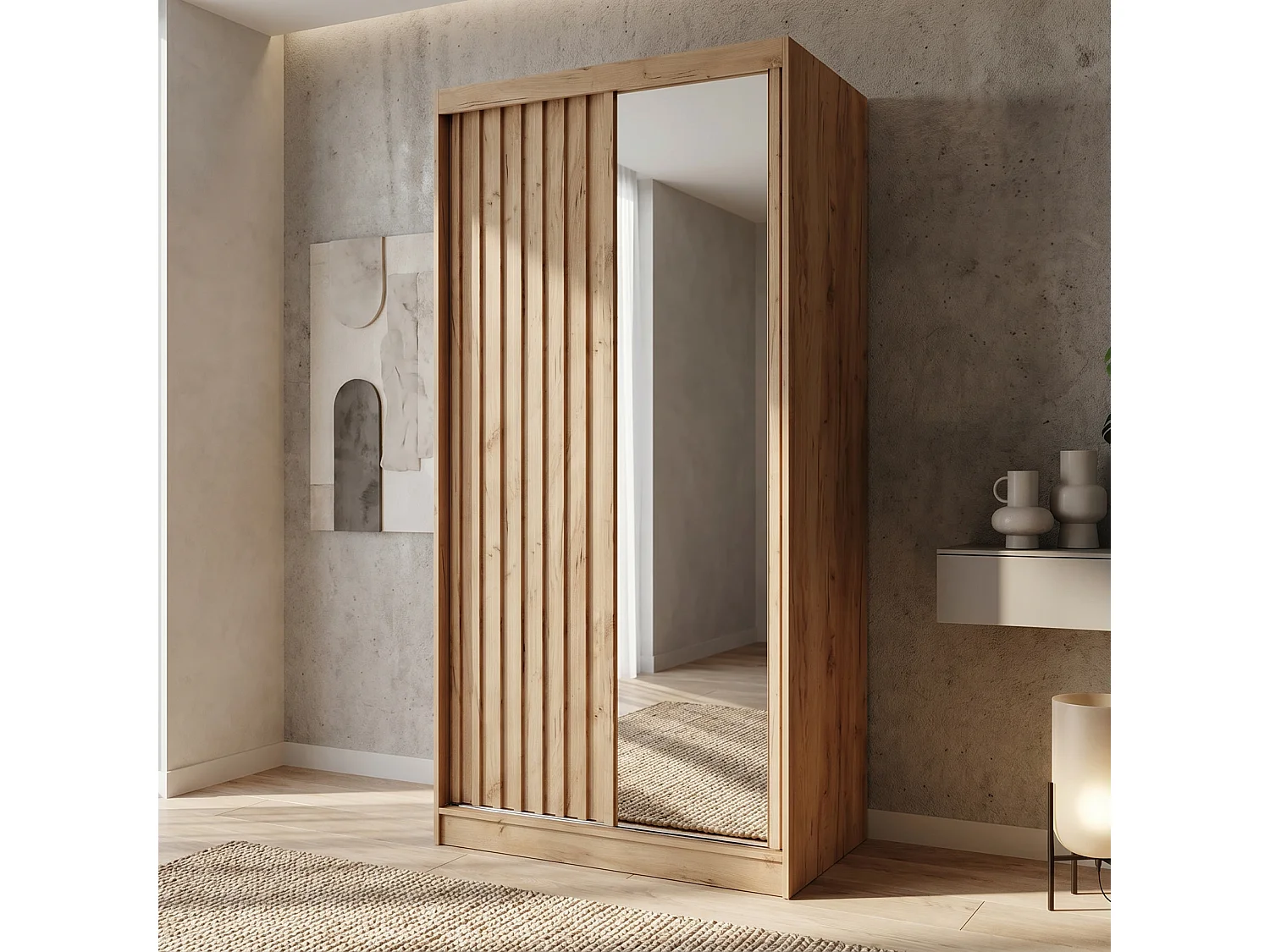 ARMOIRE DONATELLO 100 cm Artisan/Artisan Avec Miroir, Portes Coulissantes Et Module 2 Tiroirs