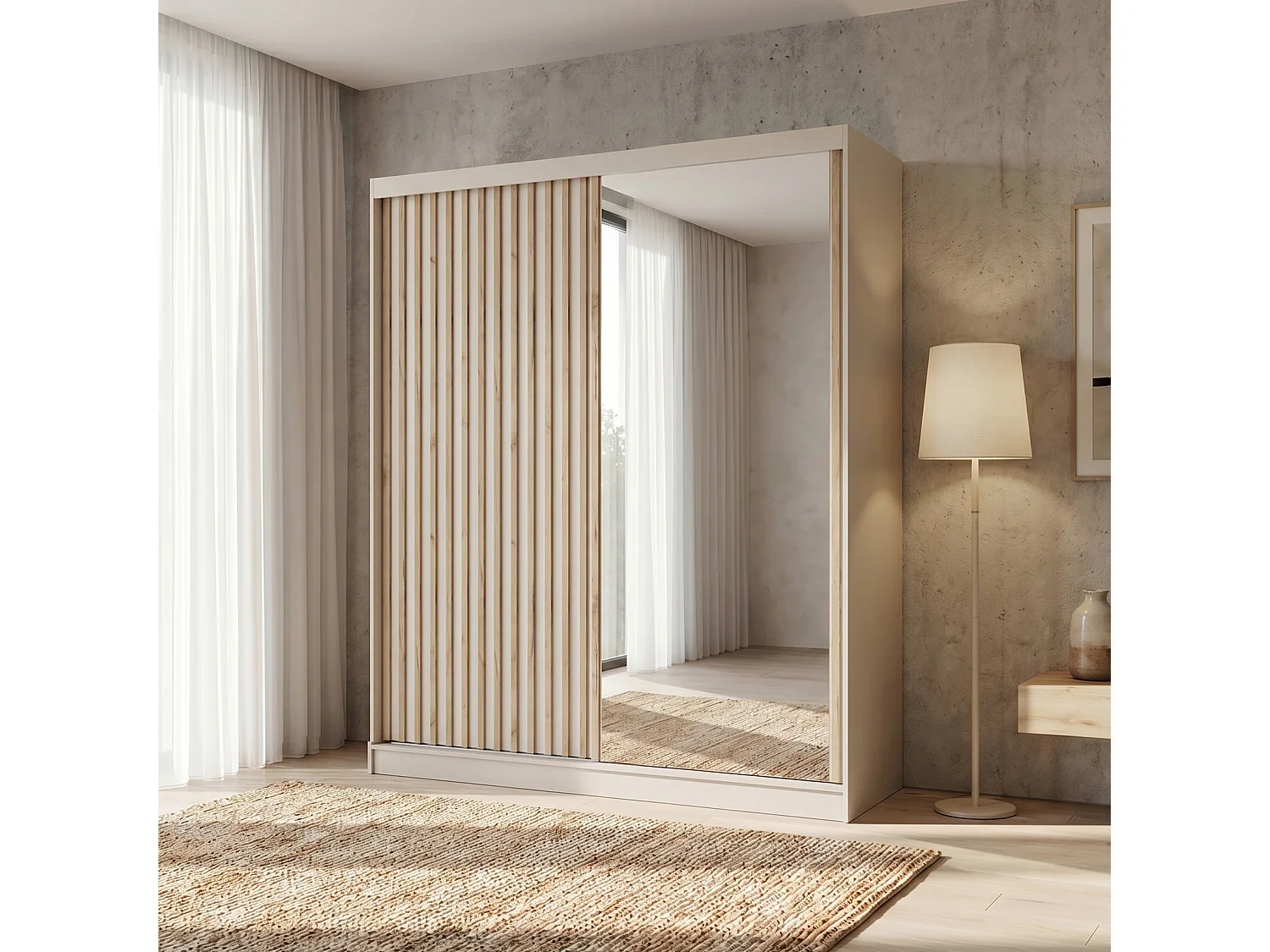 ARMOIRE DONATELLO 180 cm Cachemire/Artisan Avec Miroir, Portes Coulissantes Et 2 Modules 2 Tiroirs