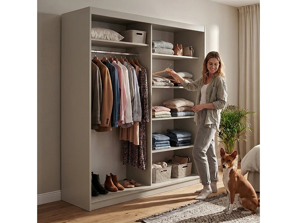 ARMOIRE DONATELLO 180 cm Cachemire/Artisan Avec Miroir, Portes Coulissantes Et 2 Modules 2 Tiroirs