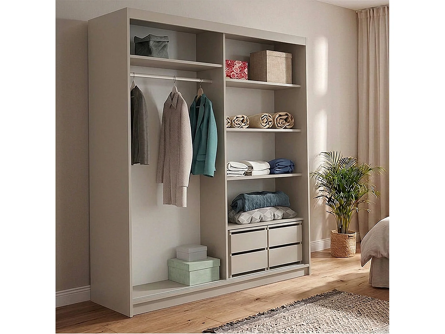 ARMOIRE DONATELLO 180 cm Cachemire/Artisan Avec Miroir, Portes Coulissantes Et 2 Modules à 2 Tiroirs
