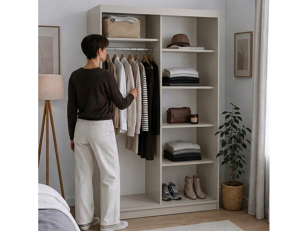 ARMOIRE DONATELLO 120 cm Cachemire/Artisan Avec Miroir, Portes Coulissantes Et Module 2 Tiroirs