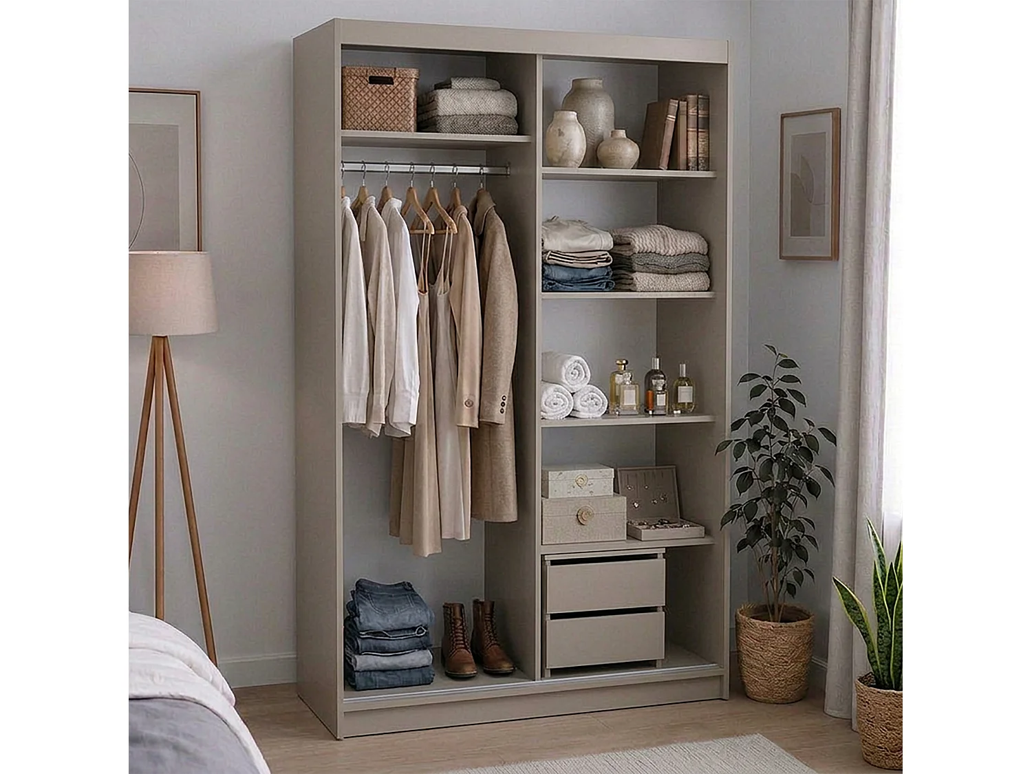 ARMOIRE DONATELLO 120 cm Cachemire/Artisan Avec Miroir, Portes Coulissantes Et Module à 2 Tiroirs