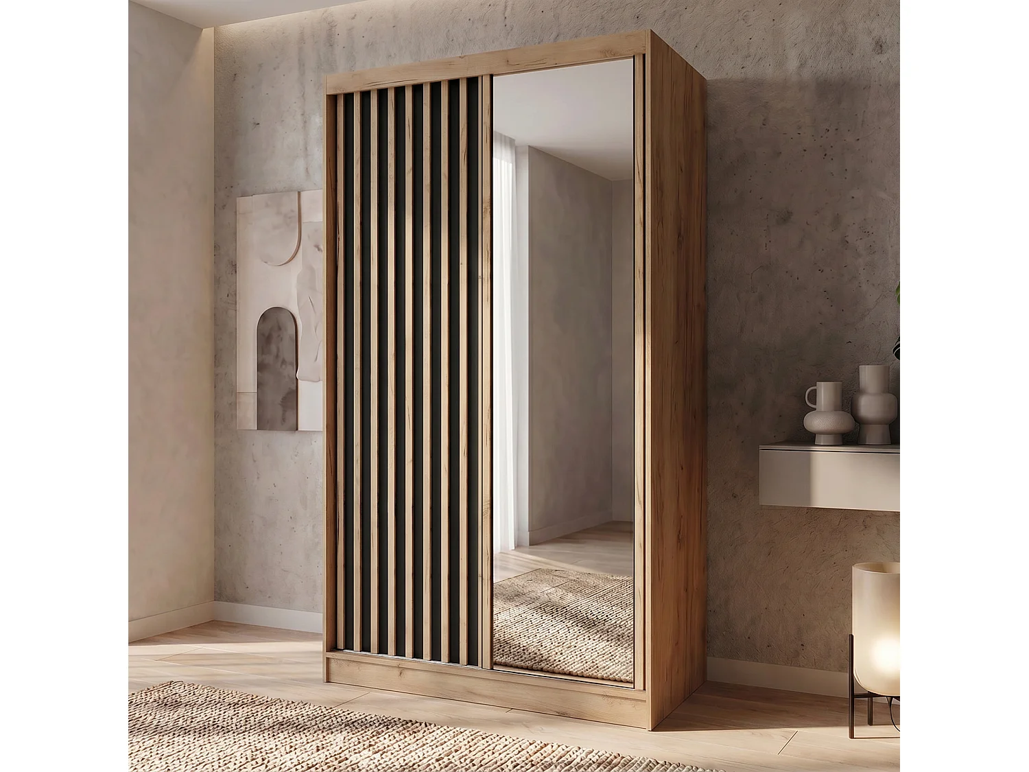 ARMOIRE DONATELLO 120 cm Artisan/Noir Avec Miroir, Portes Coulissantes Et Module 2 Tiroirs
