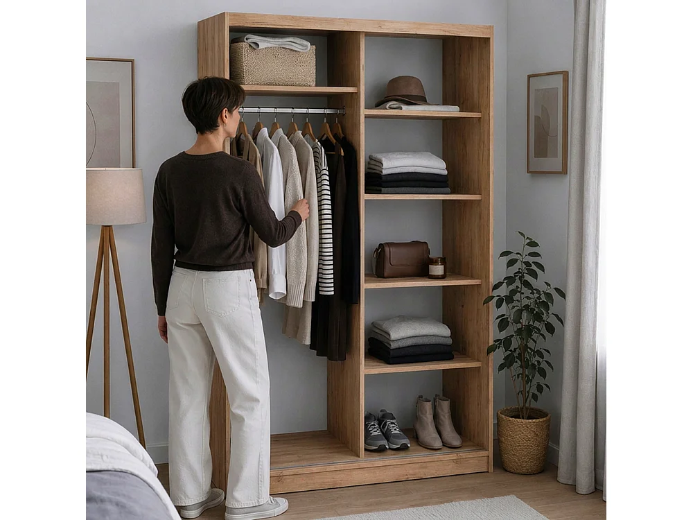 ARMOIRE DONATELLO 120 cm Artisan/Noir Avec Miroir, Portes Coulissantes Et Module 2 Tiroirs