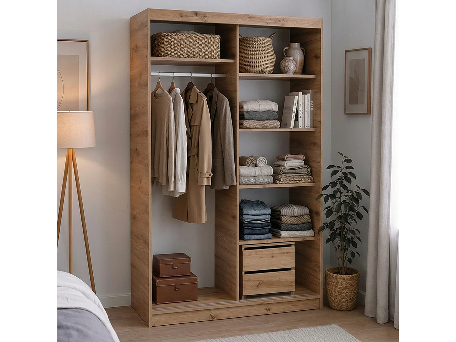 ARMOIRE DONATELLO 120 cm Artisan/Noir Avec Miroir, Portes Coulissantes Et Module à 2 Tiroirs