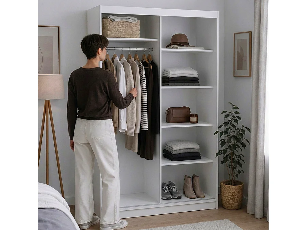 ARMOIRE DONATELLO 120 cm Blanc/Artisan - ARMOIRE Avec Miroir Et Portes Coulissantes