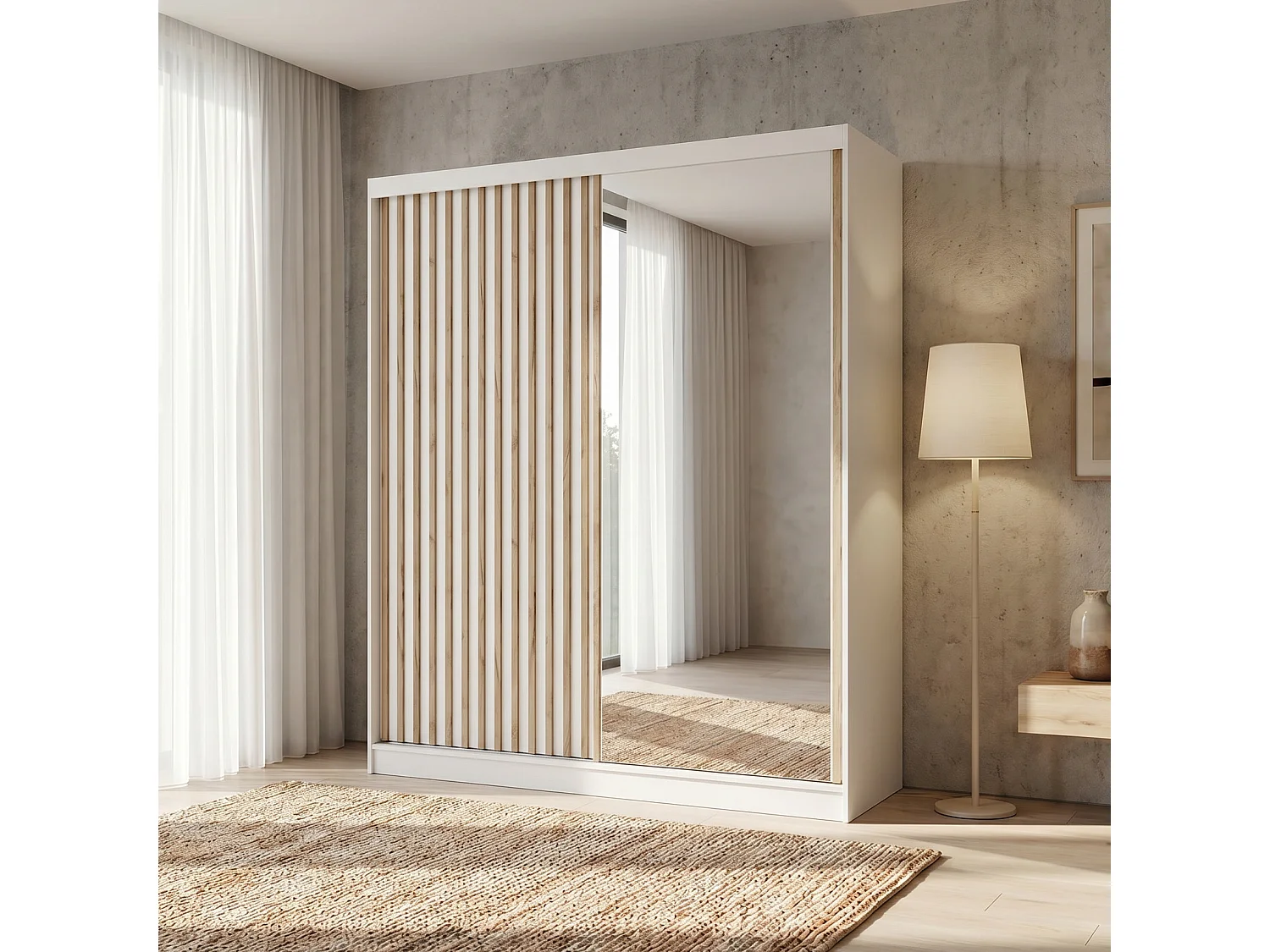 ARMOIRE DONATELLO 180 cm Blanc/Artisan Avec Miroir, Portes Coulissantes Et 2 Modules 2 Tiroirs