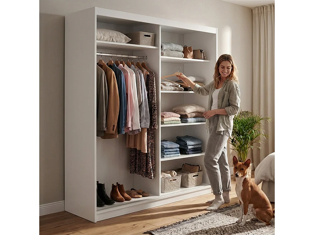 ARMOIRE DONATELLO 180 cm Blanc/Artisan Avec Miroir, Portes Coulissantes Et 2 Modules 2 Tiroirs