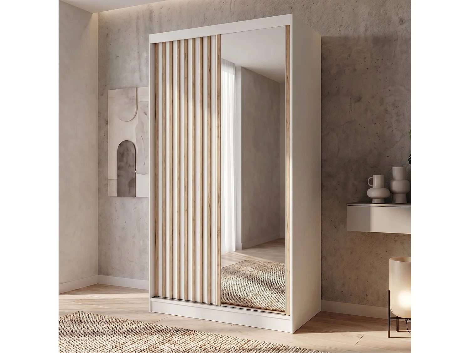 ARMOIRE DONATELLO 120 cm Blanc/Artisan Avec Miroir, Portes Coulissantes Et Module 2 Tiroirs
