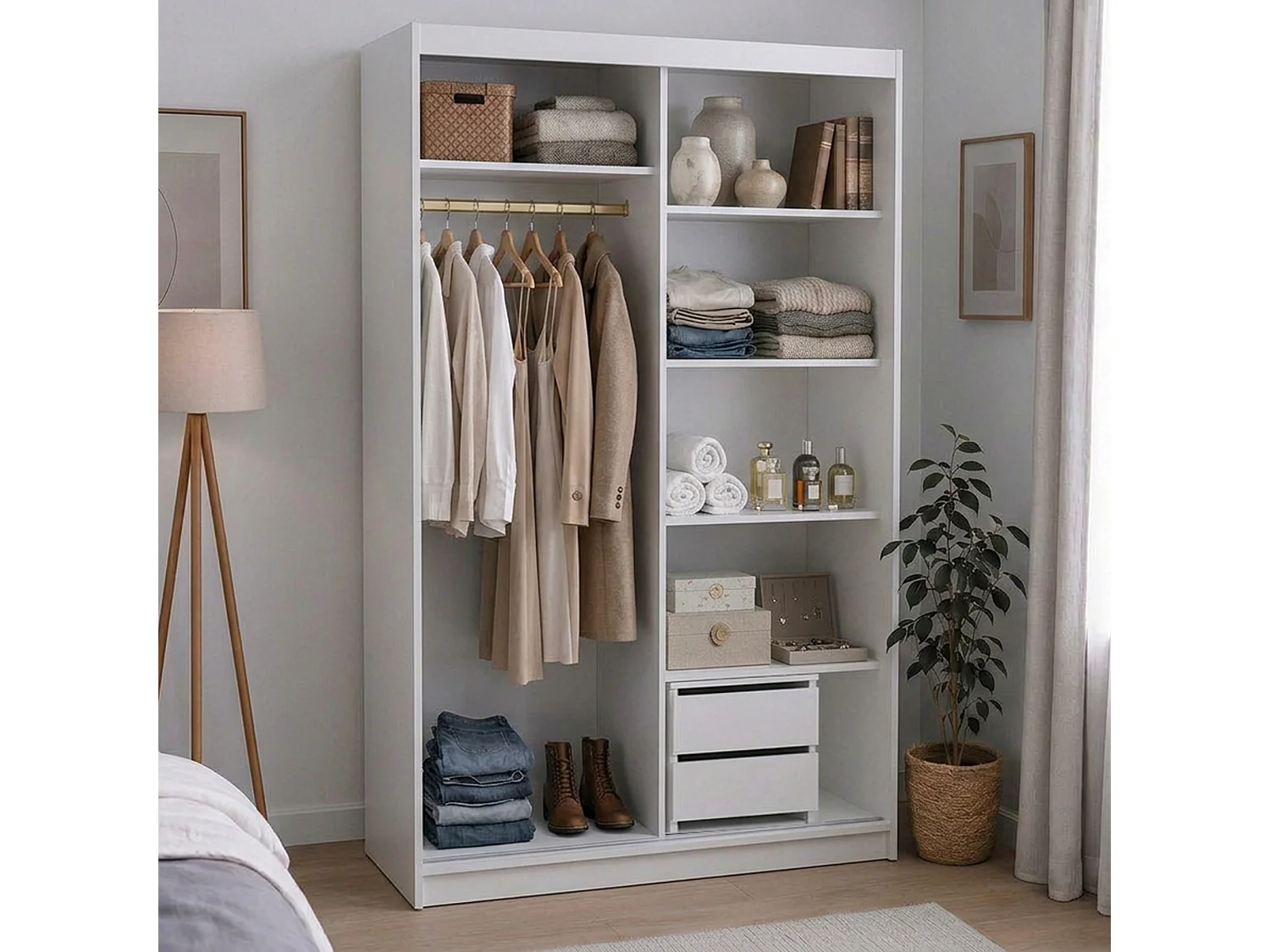 ARMOIRE DONATELLO 120 cm Blanc/Artisan Avec Miroir, Portes Coulissantes Et Module à 2 Tiroirs