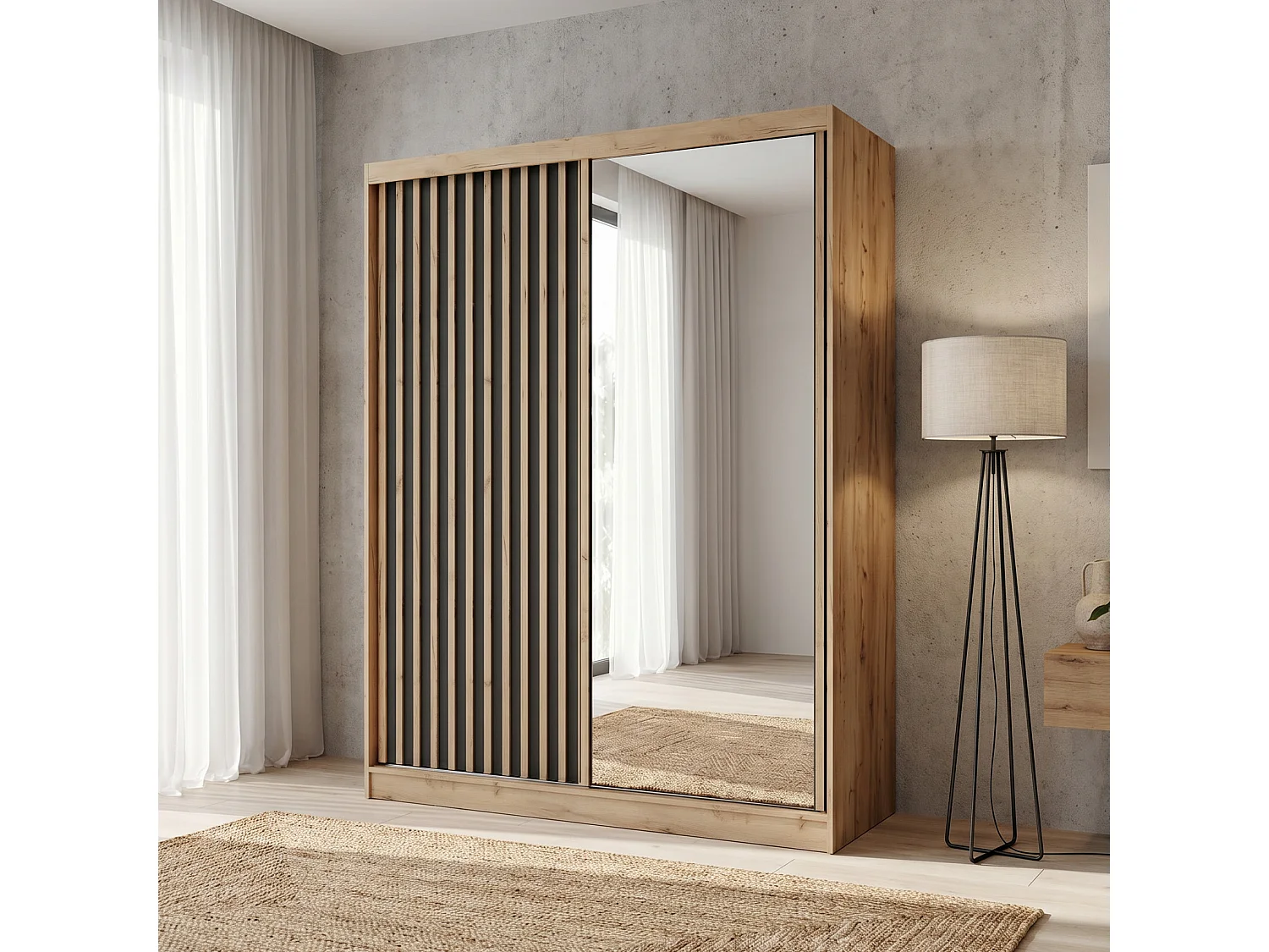 ARMOIRE DONATELLO 160 cm Artisan/Noir Avec Miroir, Portes Coulissantes Et Module 2 Tiroirs