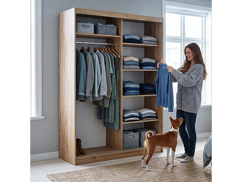 ARMOIRE DONATELLO 160 cm Artisan/Noir Avec Miroir, Portes Coulissantes Et Module 2 Tiroirs