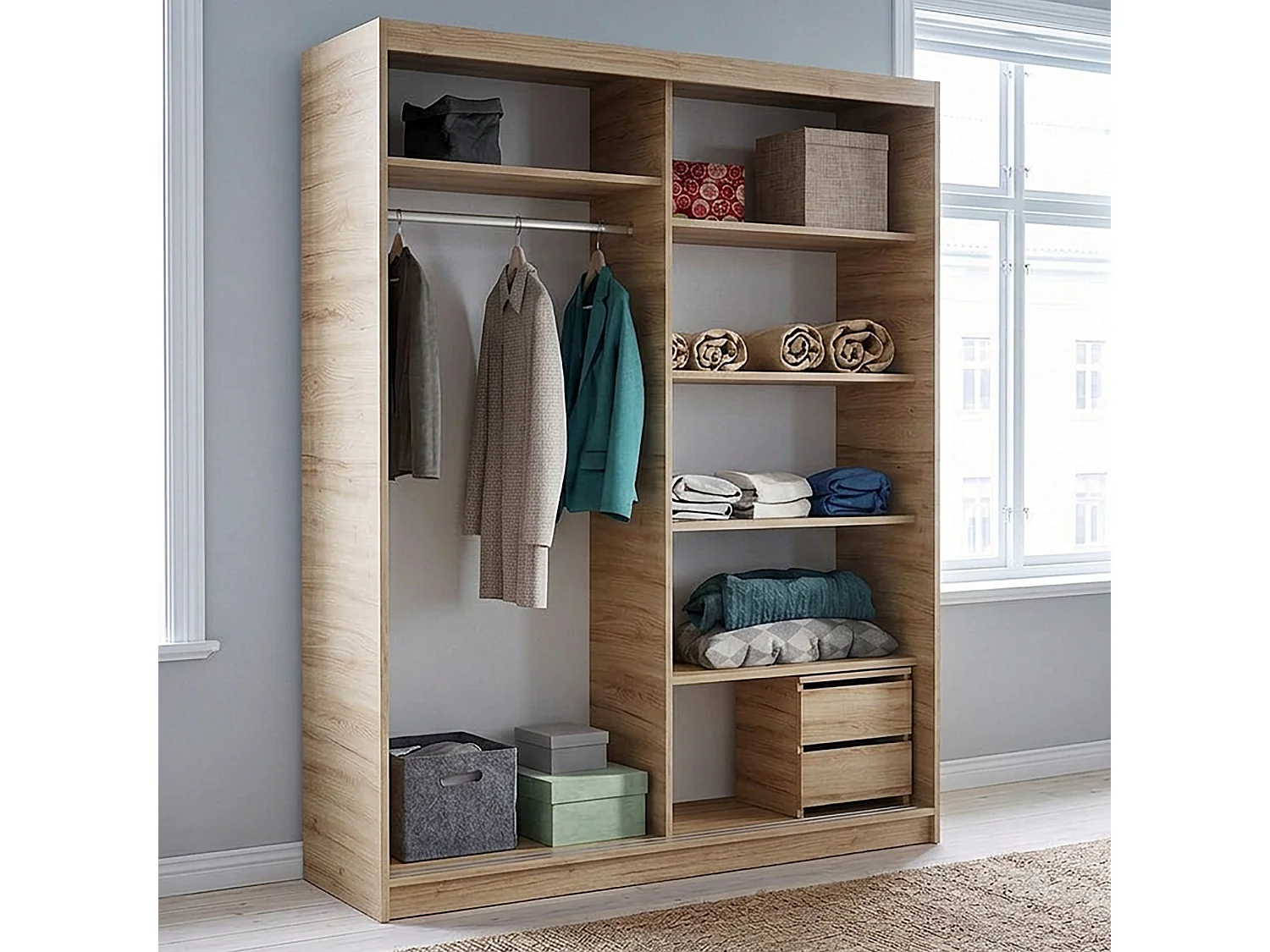 ARMOIRE DONATELLO 160 cm Artisan/Noir Avec Miroir, Portes Coulissantes Et Module à 2 Tiroirs