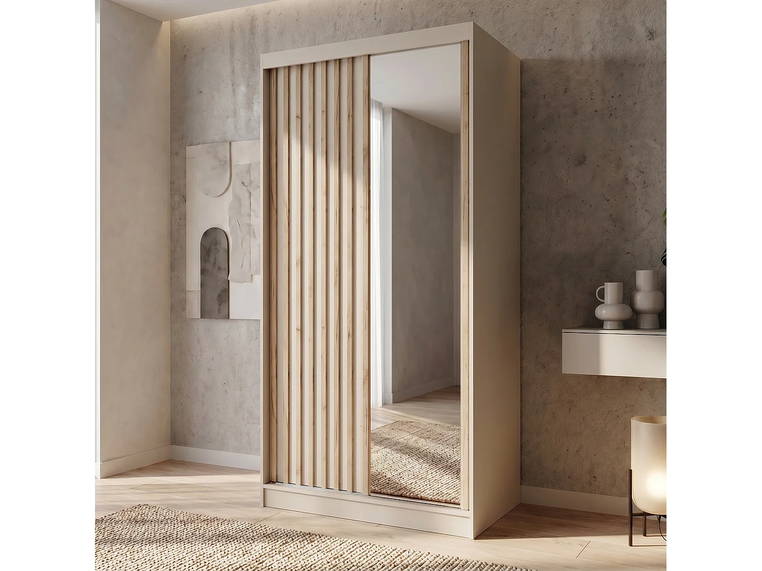 ARMOIRE DONATELLO 100 cm Cachemire/Artisan - ARMOIRE Avec Miroir Et Portes Coulissantes