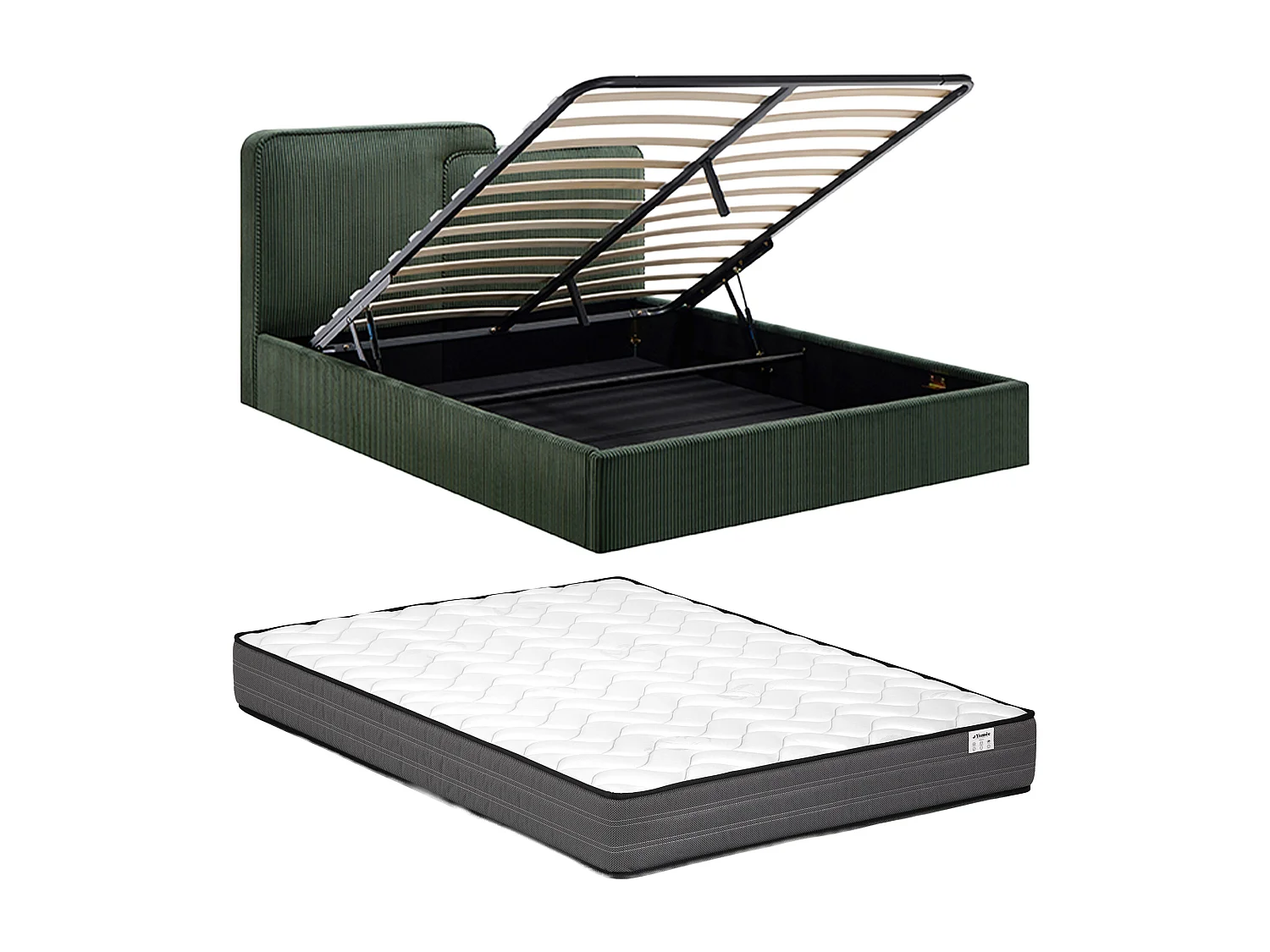 Lit coffre 160 x 200 cm - Velours côtelé - Vert sapin + Matelas - NAYOLA