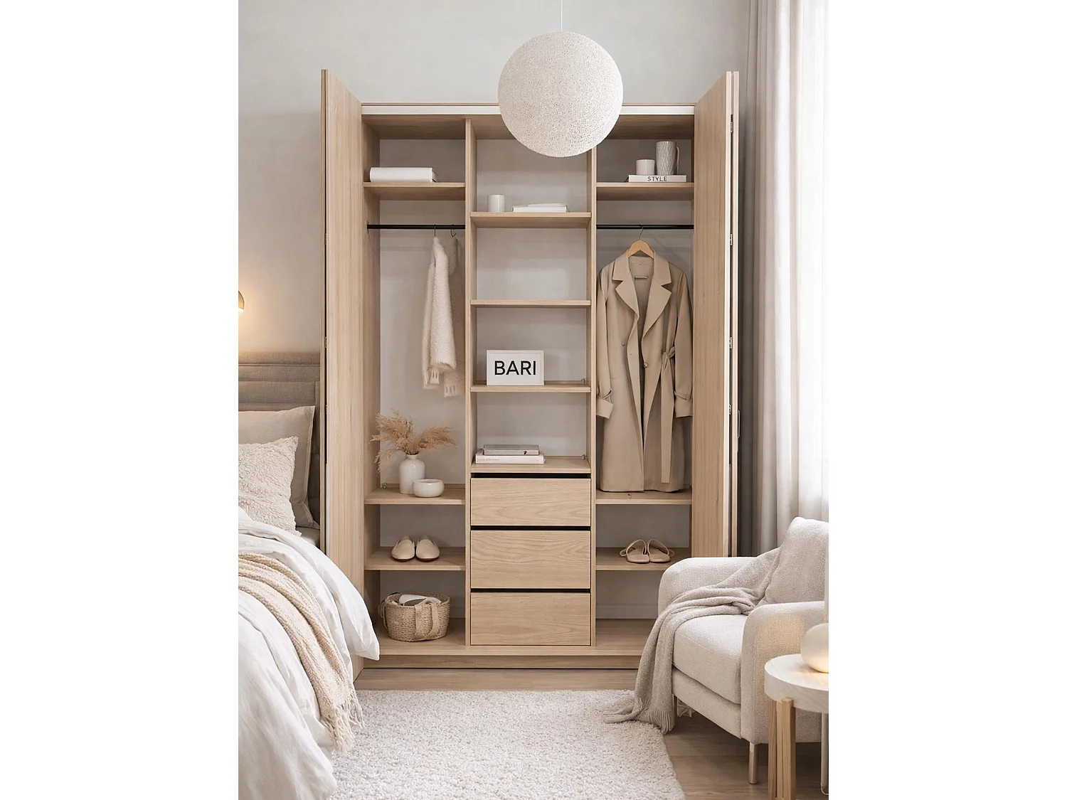 AX LIVING Omodeo kledingkast 170 cm breed – Bookmatch eiken met WingLine-systeem