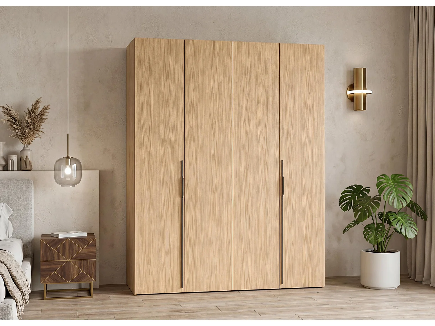AX LIVING Omodeo kledingkast 200 cm breed – Bookmatch eikendecor met vouwdeuren