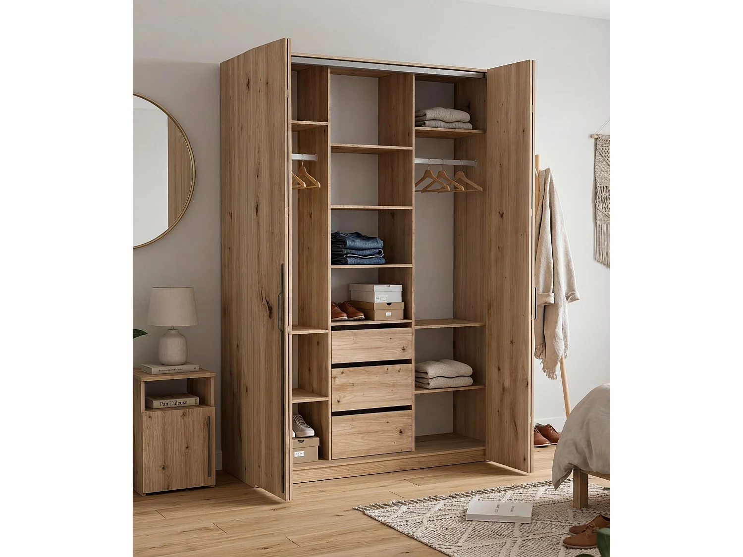 AX LIVING Omodeo kledingkast 170 cm breed – Artisan eiken met WingLine-vouwdeuren