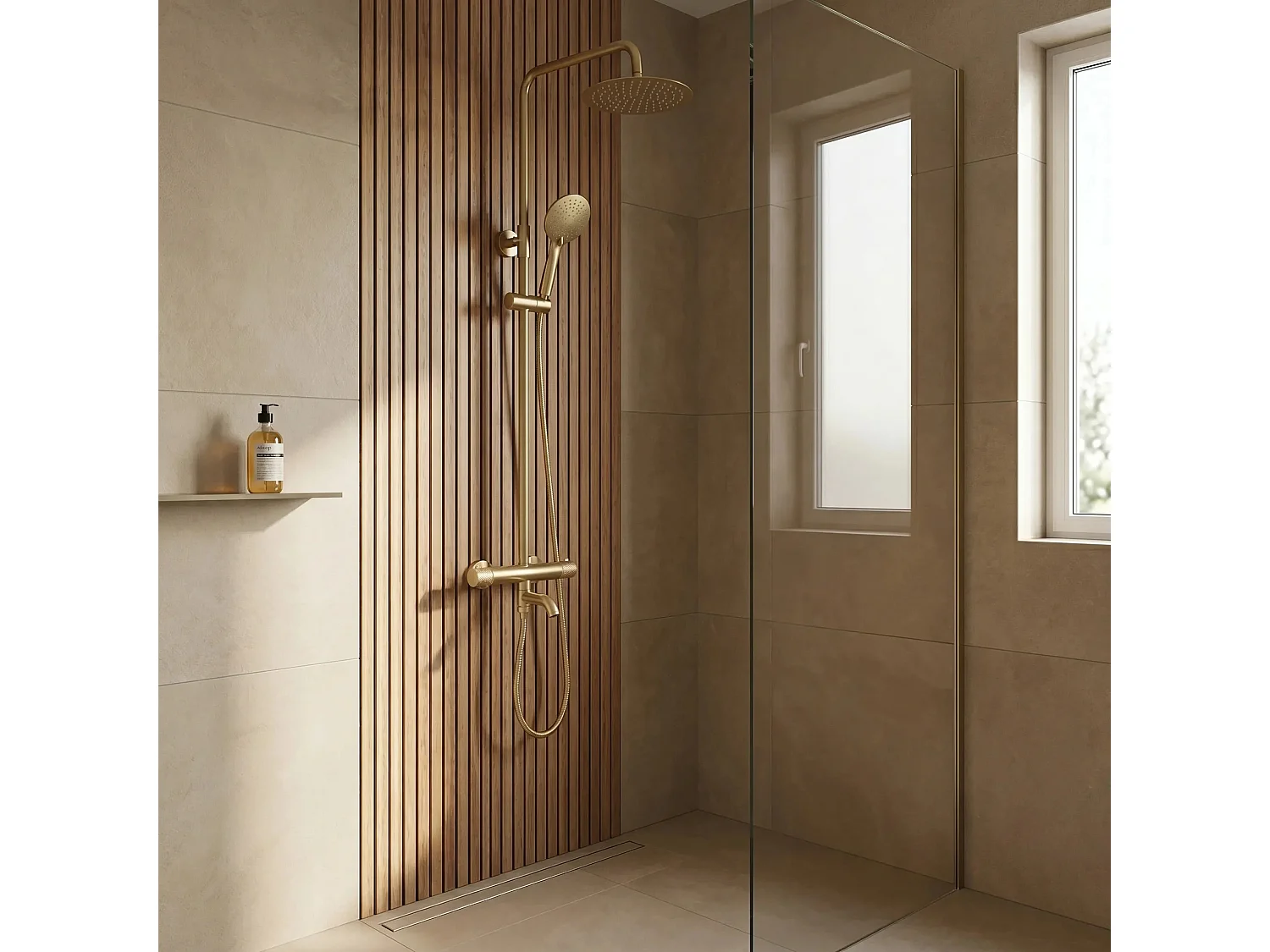 Doucheset Rea Lungo Diamond + Termostat Brush Gold