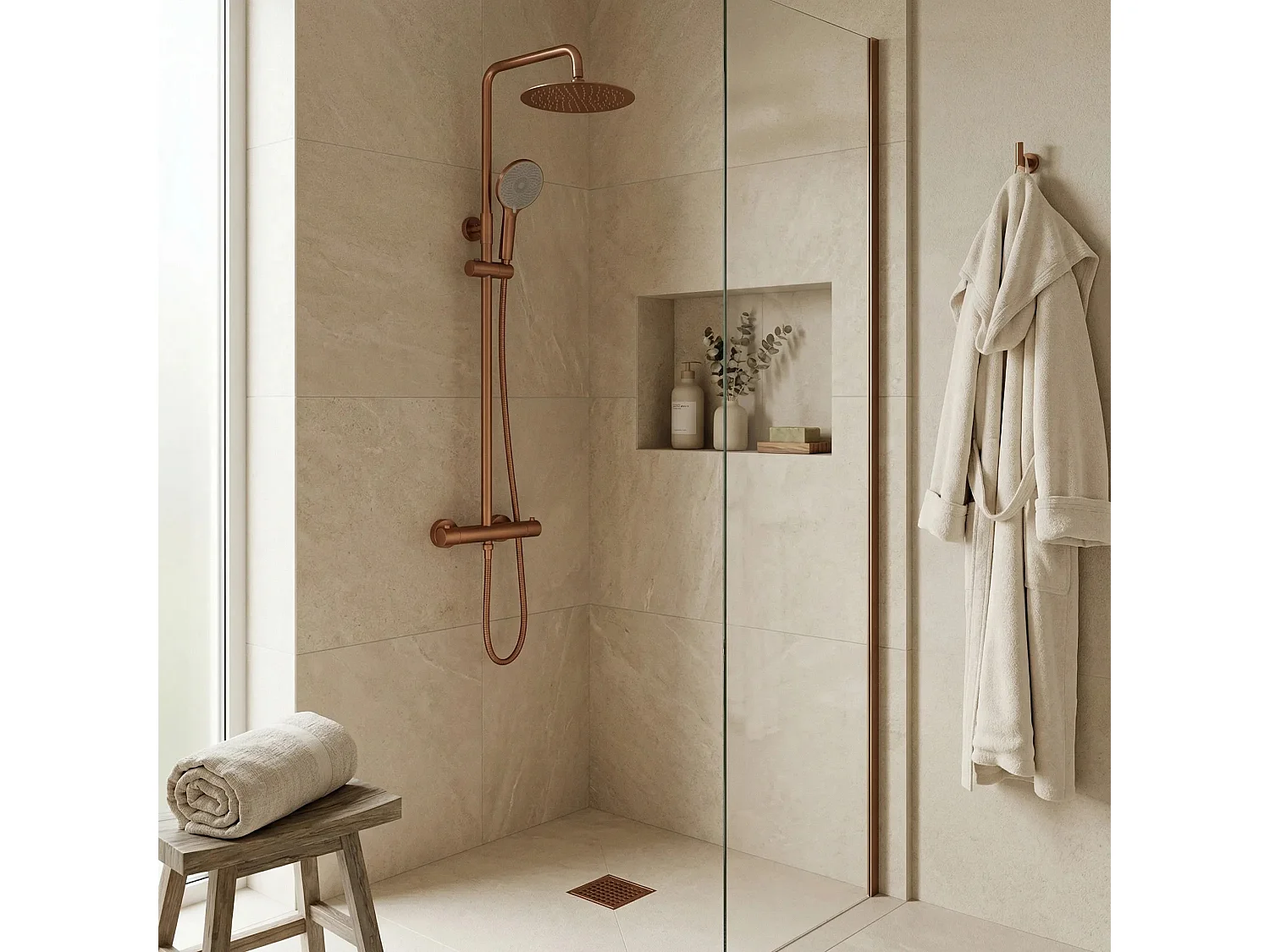 Doucheset Zonder Uitloop Rea Lungo + Termostat Brush Copper