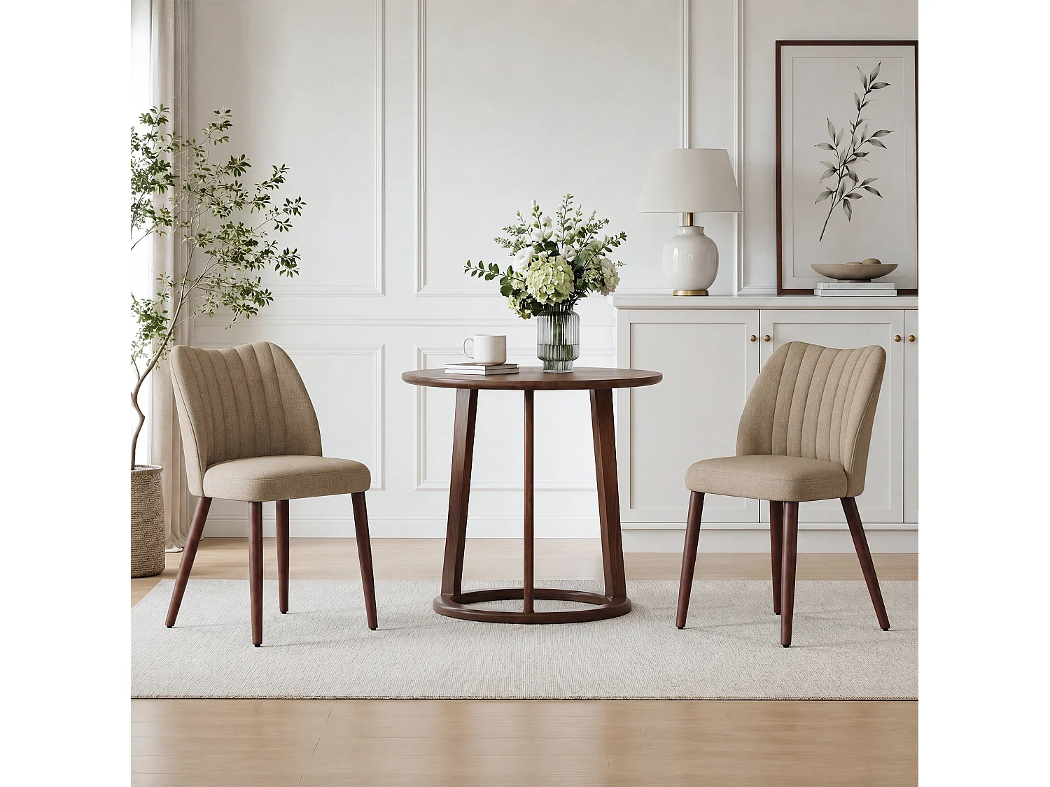 Set van 2 gestoffeerde eetkamerstoelen, dik zitkussen en antislipvoetjes, Camel
