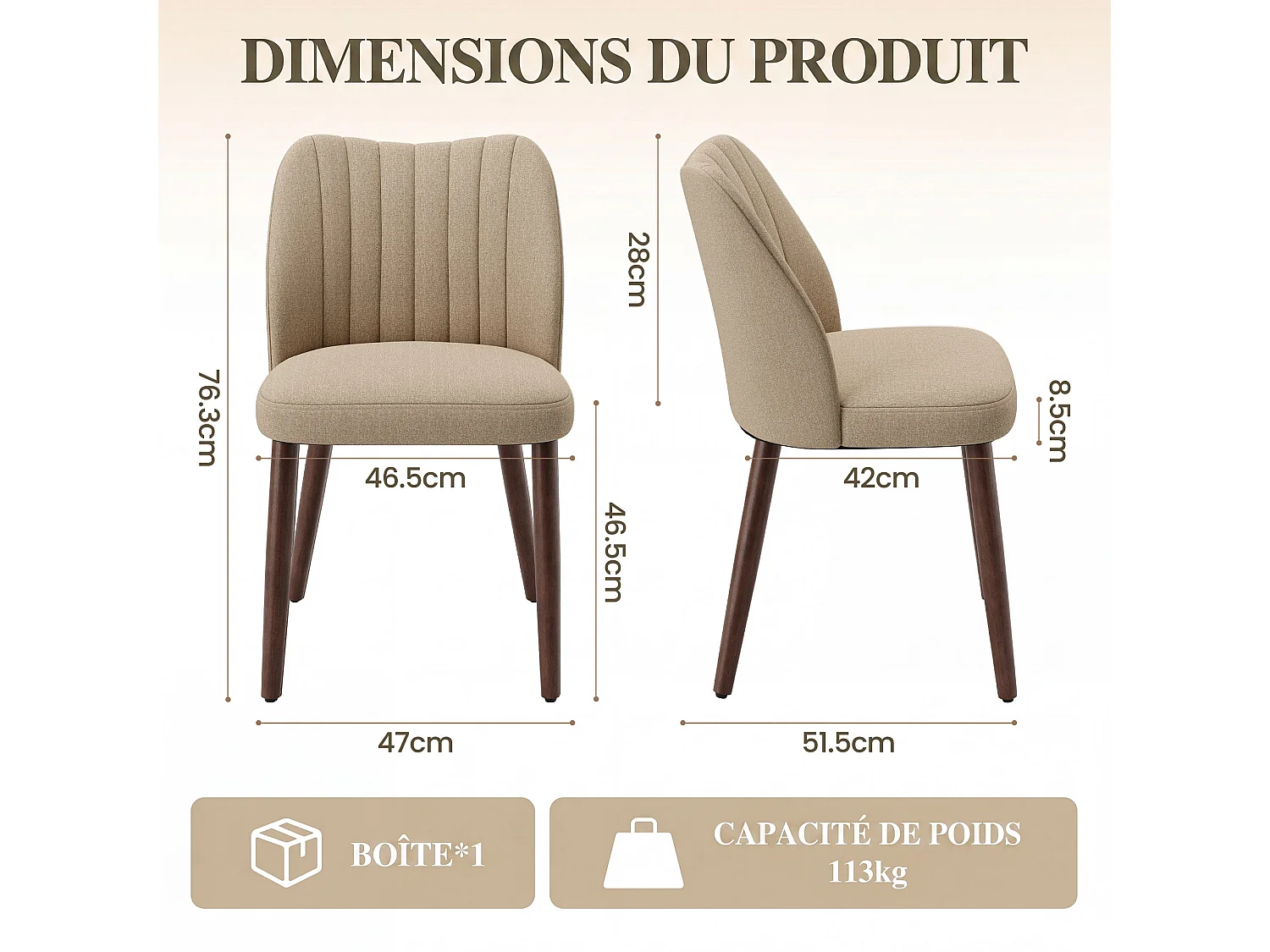 Set van 2 gestoffeerde eetkamerstoelen, dik zitkussen en antislipvoetjes, Camel